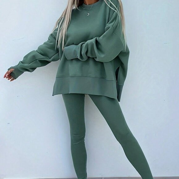B327 Green Bay Solid color Oversize Slit Sweatshirt and Ribbed Leggings 2 pc Set - Picture 2 of 3